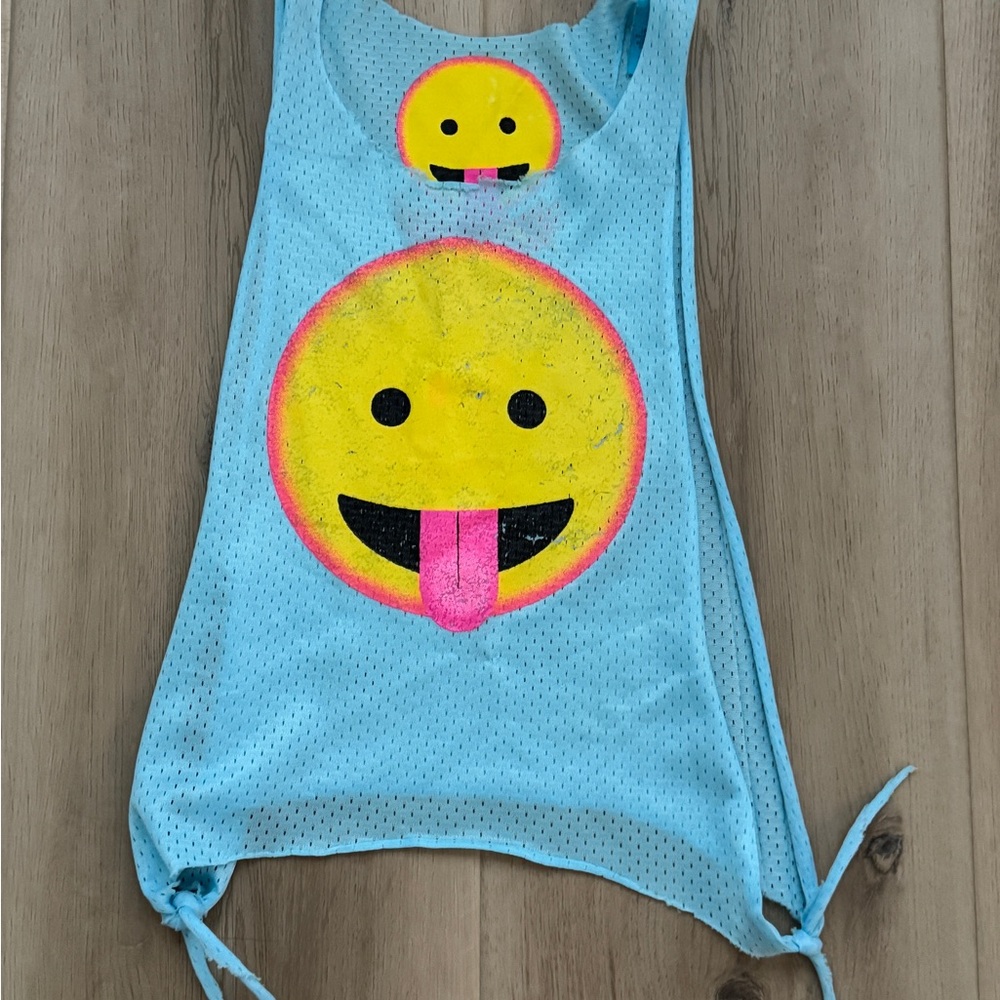 So Nikki Blue Mesh Tank Top with Smiley Face Design